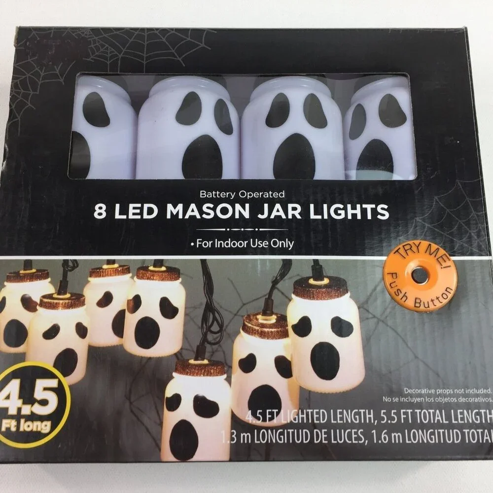 Halloween 8 LED Ghost Mason Jar Lights Indoor Use Decoration Spooky Cute Design